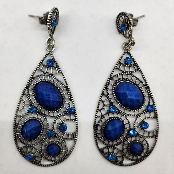 BFD~ Blue & Silver tone Dangle Fashion Earrings - Picture 1 of 5